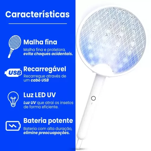 Raquete Elétrica Recarregável Mata Mosca Automática com Luz LED - Made Basics SD-1005