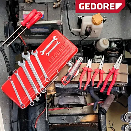 Jogo de Ferramentas em Estojo Metálico com 13 Peças (Chaves Fixas, Estrelas, Fendas, Alicates e Estilete) - Gedore Red 088632